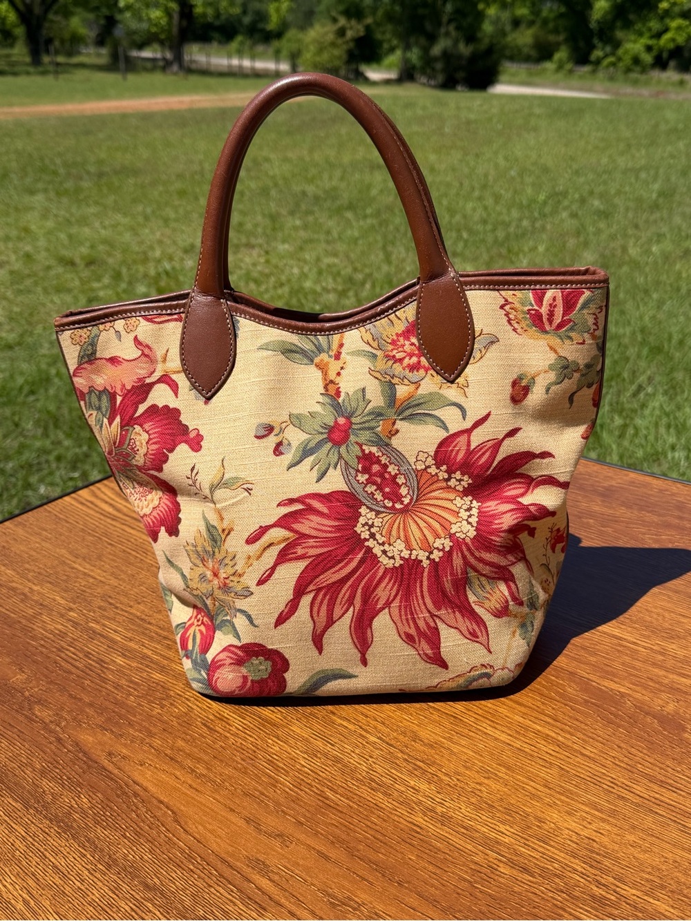 Talbots Floral Tapestry Tote Bag Canvas Leather Trim Boho Cottagecore - Picture 2 of 15